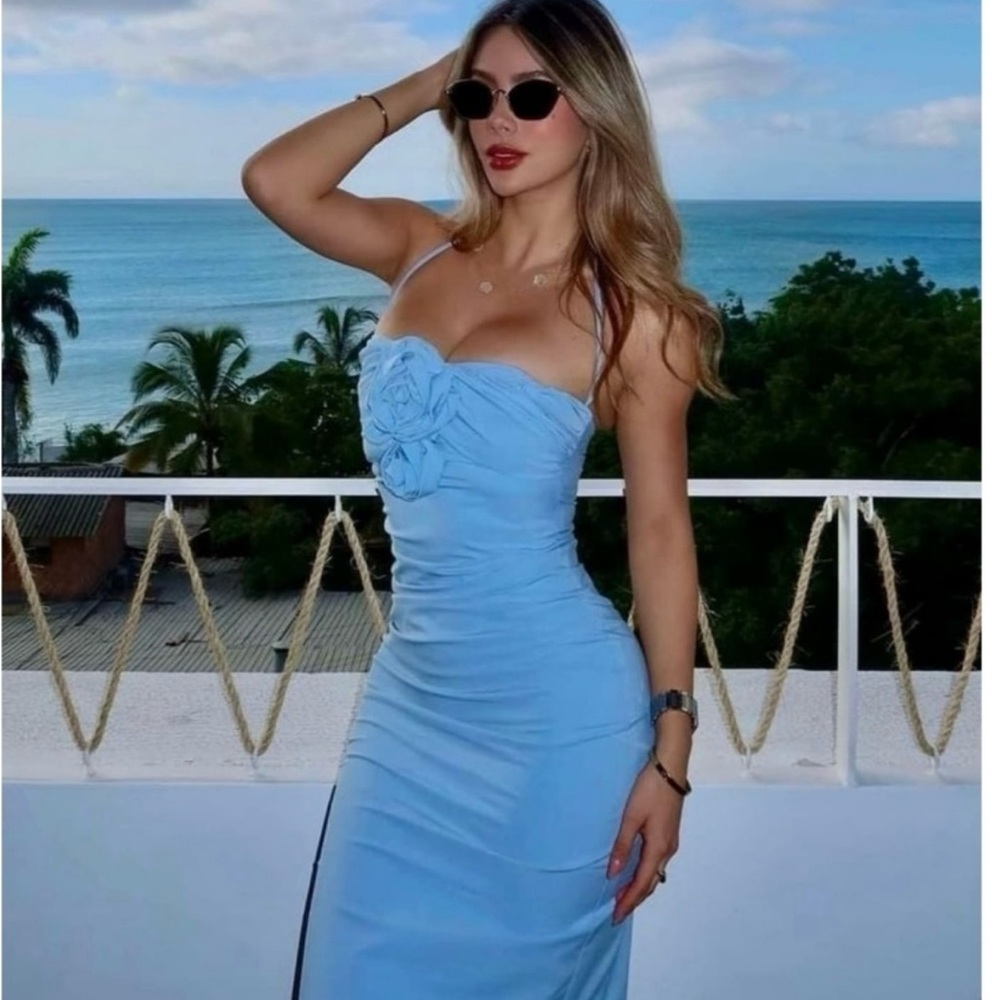 NWTZara Blue appliqué flower Ruched Bodycon midi Dress